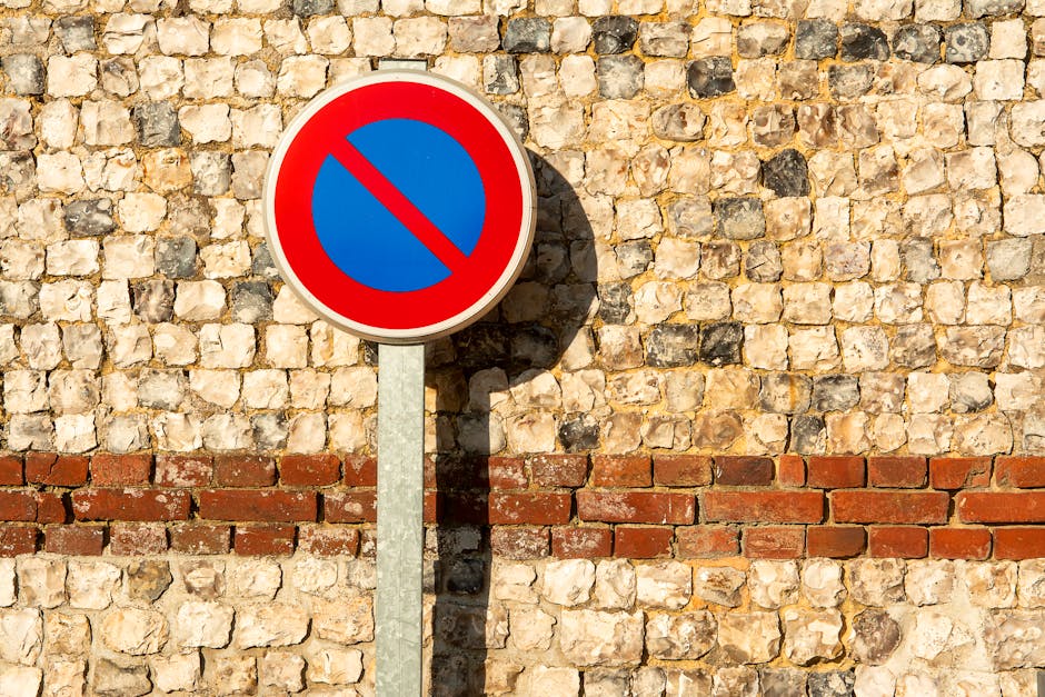 A circular no parking sign with a red border, blue background, and red diagonal line is mounted on a grey metal pole against a textured stone brick wall. The wall features a horizontal band of red bricks at the lower section, with a mix of beige, grey, and black stones above, creating a rough surface. Shadows cast by the sign and pole suggest direct sunlight, and the sign is positioned on a paved area, indicating a street or pavement setting. This image relates to parking restrictions that may affect home relocation or furniture transport during moving activities, aligning with Lewisham council permit rules for street parking during moves, as explained by Man and Van Lewisham's removals services.