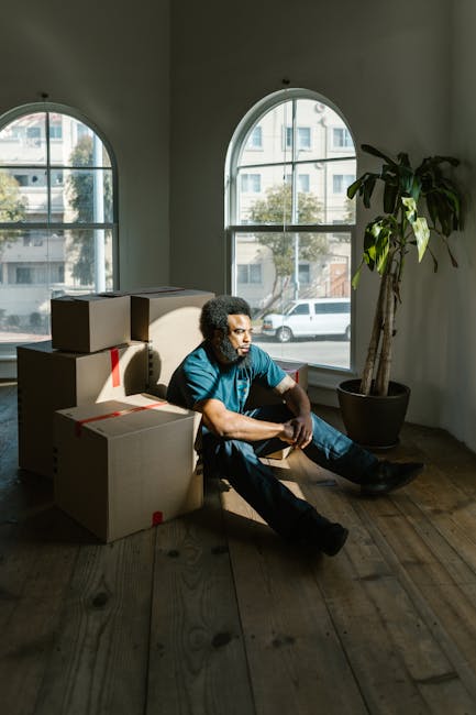 A man with curly hair and medium skin tone is seated on a wooden floor inside a room with natural light coming through two large arched windows. He is wearing a blue t-shirt and dark pants, and appears to be resting during a home relocation process. Several cardboard moving boxes of varying sizes are stacked around him, some sealed with red packing tape. The boxes are placed on the floor and one is positioned behind him, partially resting against the wall. To the right of the man, there is a tall potted plant with large green leaves, situated near the window. The room has plain, light-colored walls, and the windows reveal a street scene with parked cars and modern residential buildings across the road. The setting suggests an ongoing furniture transport or packing process as part of a house removal service, with [COMPANY_NAME] specialising in domestic removals and moving logistics.