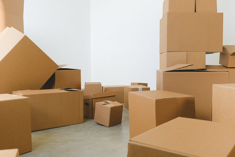 Two women are inside an indoor space during a home relocation, surrounded by multiple large cardboard boxes sealed with red packing tape. One woman, with long brown hair and wearing a checkered shirt